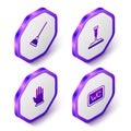 Set Isometric Rubber plunger, cleaner for windows, gloves and Toilet icon. Purple hexagon button. Vector