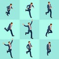 Set isometric running businessman. Businessman Man on white background. Isometric character poses. Cartoon people