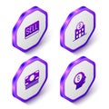 Set Isometric Sell button, Bank building, Stacks paper money cash and Business man planning mind icon. Purple hexagon