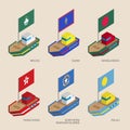 Set of isometric ships with flags of Asian countries