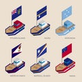 Set of isometric ships with flags of countries in Oceania