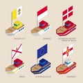 Set of isometric ships with flags of European countries