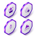 Set Isometric Shopping bag and food, Intestines, Wheat and Kcal icon. Purple hexagon button. Vector