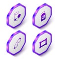 Set Isometric Sleeping pill, Eye sleep mask and Pillow icon. Purple hexagon button. Vector