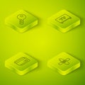 Set Isometric Smart Tv, Credit card, Kayak or canoe and Key icon. Vector