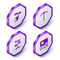 Set Isometric Sprout, Pickaxe, and Agriculture wheat field farm icon. Purple hexagon button. Vector Royalty Free Stock Photo