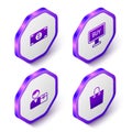 Set Isometric Stacks paper money cash, Buy button, Buyer and Paper shopping bag icon. Purple hexagon button. Vector