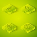 Set Isometric Suitcase, Passport, No cell phone and Safety belt icon. Vector