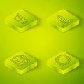 Set Isometric Surfboard, Photo, Sun and Cocktail and alcohol drink icon. Vector