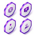 Set Isometric Table football, Game dice, Chip for board game and icon. Purple hexagon button. Vector