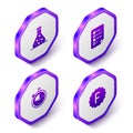 Set Isometric Test tube, Clipboard with checklist, Stopwatch and Exam paper incorrect answers icon. Purple hexagon