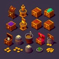 Set of isometric treasure icons. Vector illustration in cartoon style.