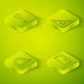 Set Isometric Triangular ruler, Roulette construction, Closed door and Wrench spanner icon. Vector