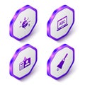 Set Isometric Trigonometric circle, Laptop, Identification badge and Ringing bell icon. Purple hexagon button. Vector Royalty Free Stock Photo