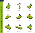 Set of 9 isometric US state maps and flags, 3D vector isometric shape