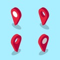 Set of isometric vector location icons on blue background. Pin drop 3d icon concept