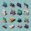 Set of isometric video game icons. Laptop, computer, joystick, video game console, video game console, joystick.