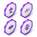 Set Isometric Virtual reality glasses, 360 degree view, and icon. Purple hexagon button. Vector
