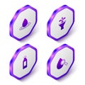 Set Isometric Water drop, Fountain, Bottle of water and Drop and magnifying glass icon. Purple hexagon button. Vector Royalty Free Stock Photo