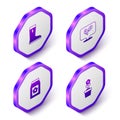 Set Isometric Waterproof rubber boot, Leaf, Pack full seeds and Flower in pot icon. Purple hexagon button. Vector