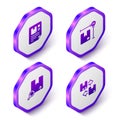 Set Isometric Waybill, Cardboard box measurement, Search package and with traffic symbol icon. Purple hexagon button