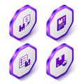 Set Isometric Waybill, Verification of delivery list and Carton cardboard box icon. Purple hexagon button. Vector