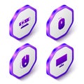 Set Isometric Web camera, Computer mouse, and monitor icon. Purple hexagon button. Vector Royalty Free Stock Photo