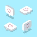 Set of isometric white Like icons. Notification cloud with heart. Web icons collection for isometric illustration Royalty Free Stock Photo