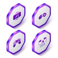 Set Isometric Wide angle picture, Gamepad, and 360 degree view icon. Purple hexagon button. Vector