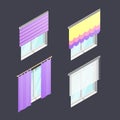 Set of 4 isometric windows with different curtains
