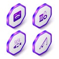 Set Isometric Winter fishing, Spinning reel for, Dead and Fishing rod icon. Purple hexagon button. Vector Royalty Free Stock Photo