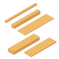 Set of isometric wooden planks, stack of bars and lumber beam, pile of wooden logs timber. Planks for construction