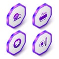 Set Isometric Xiao long bao, Rice in bowl, and Food chopsticks with plate icon. Purple hexagon button. Vector