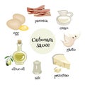 Italian Carbonara sauce ingredients. Cartoon vector illustration