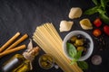 Set of Italian food on the black stone table top view Royalty Free Stock Photo