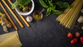 Set of Italian food on the black stone table wide screen Royalty Free Stock Photo