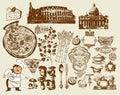 Set of Italian symbols. Hand drawing. Colosseum (R