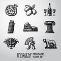 Set of Italy freehand icons - pizza, olives, wine