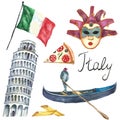 Set of Italy icons watercolor illustration.