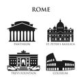 Set of Italy symbols, landmarks in black and white. Vector illustration. Rome, Italy.