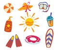 Set of items for the beach. Accessories for summer holidays. Inflatable Circle, Scuba Diving Mask, Fins, sun, sunscreen, cocktail Royalty Free Stock Photo