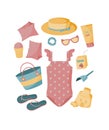 A set of items for a beach holiday for a little girl, baby. Summer items. Swimsuit, sunglasses, bag, juice, sunscreen Royalty Free Stock Photo