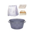 A set of items for cleaning the house - a blue basin, a package of powder, a brush and soap. watercolor illustration Royalty Free Stock Photo