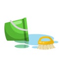 Set of items for cleaning the house. Green bucket, MOP, brush. Housekeeping and cleanliness. Cartoon flat illustration Royalty Free Stock Photo