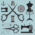 Set of items and equipment to topics tailor, clothing, repair