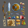 Set of items for game. Different food, weapon, potion and tools.