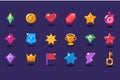 Set of items for gaming interface. Crystal, coin, heart, star, stopwatch, shield, trophy, crown, flag, lightning, key