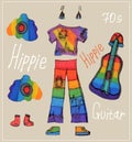 A set of items from the hippie style, 60s and 70s. T-shirt. flared trousers, earrings, guitar, speakers, flowers, inscriptions. Ve