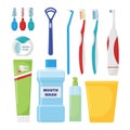 The set of items for daily hygiene of the oral cavity. Dental care supplies. Healthy lifestyle. Morning routine.A collection of Royalty Free Stock Photo