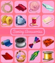 Set of items for mending clothes, 16 icons